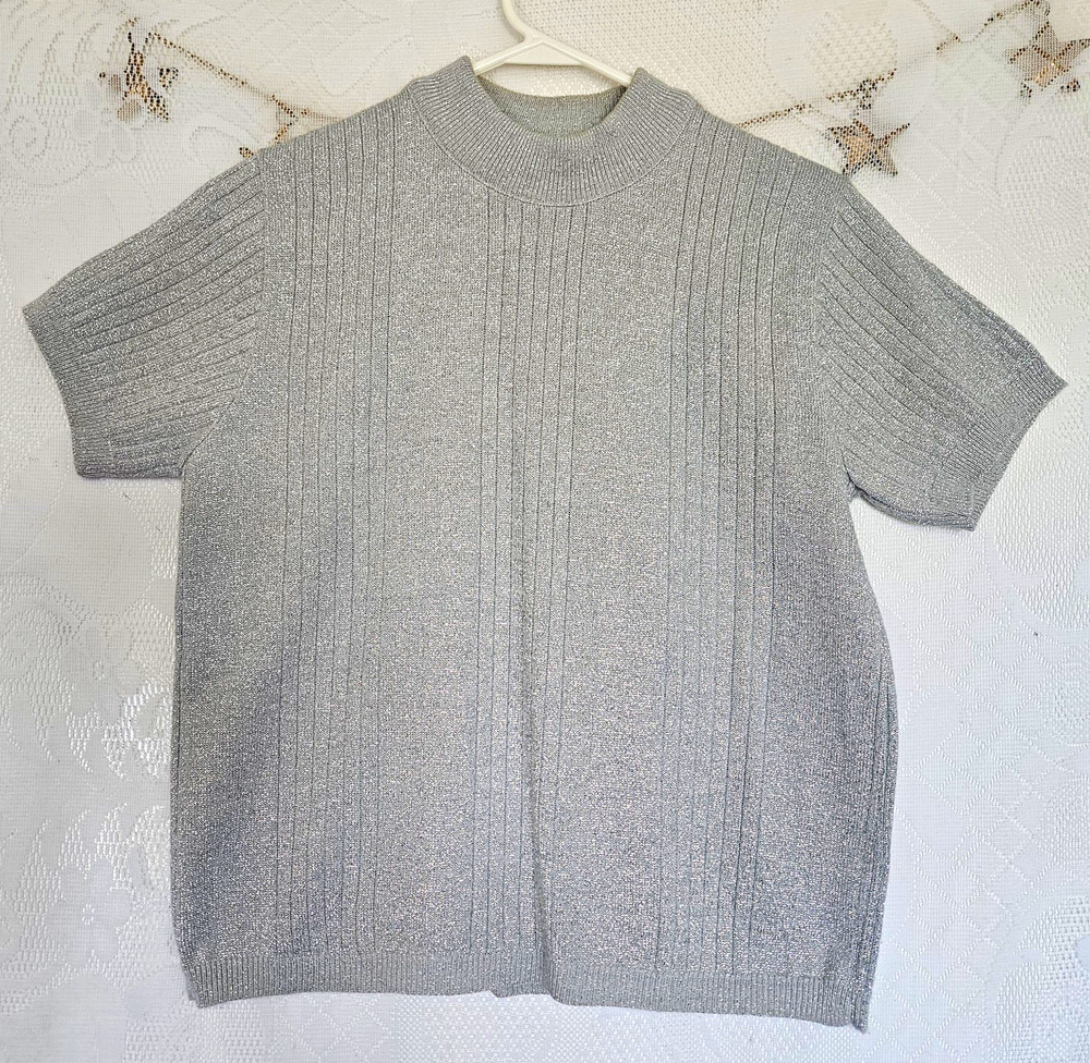 Norton McNaughton Medium Silver Metallic Rib Knit Mock Neck Sweater Vintage 90s